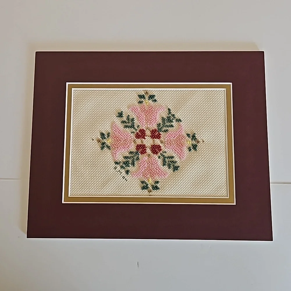 Hand Crafted Glass Beaded Art Floral Needlepoint Beadwork Pink Flower Framed